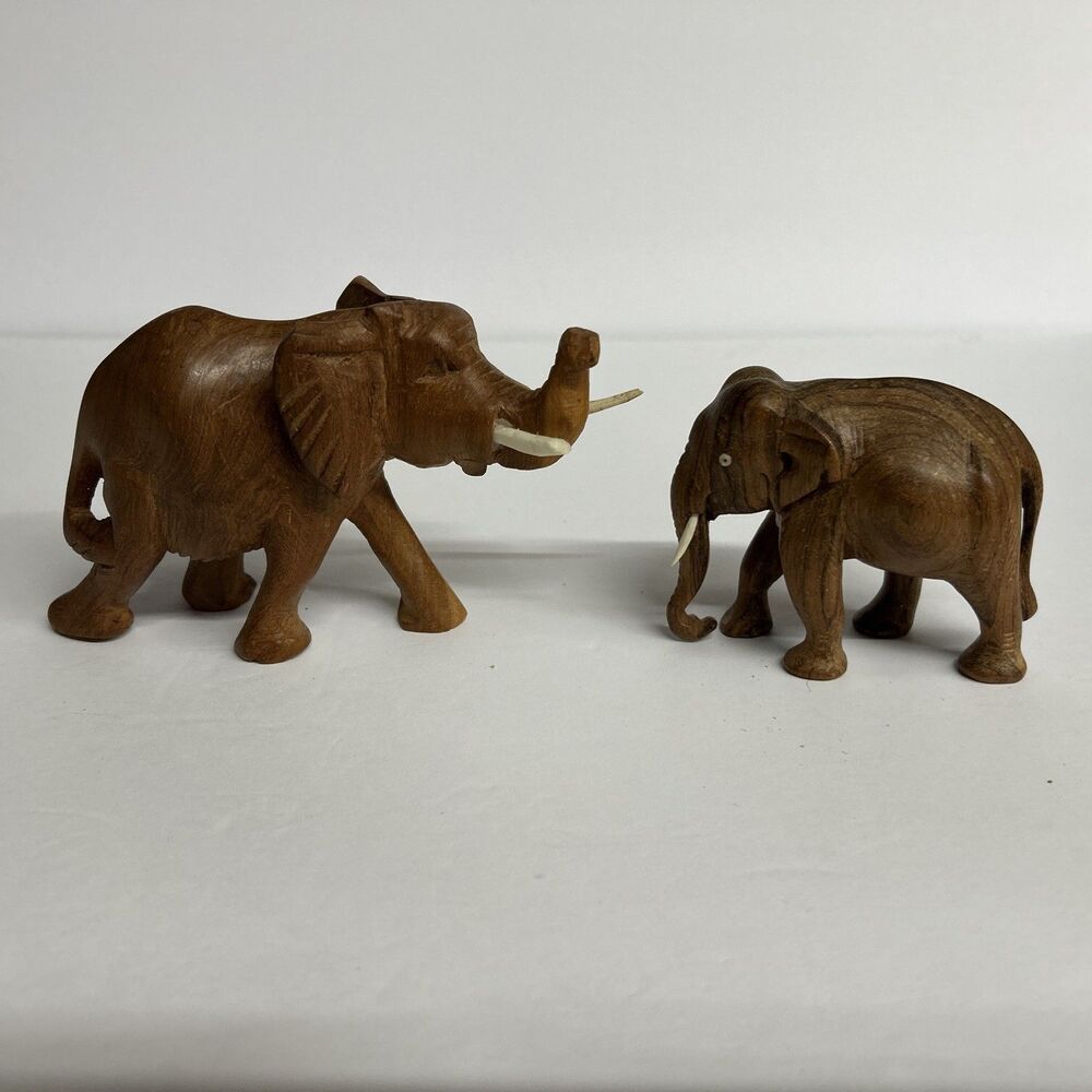 Set Of 2 Vintage Handcarved Elephants